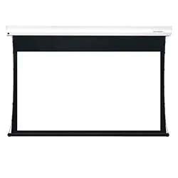 A white projector screen with a black border is shown, attached to a white casing at the top. The screen is blank and centered, ready for use.