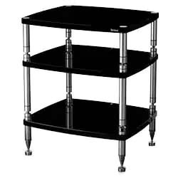 A three-tier black glass audio rack with sleek, modern chrome supports. The design is minimalist, suggesting elegance and utility in an entertainment setup.