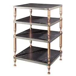 Four-tier black marble shelf with copper-colored metal legs. The elegant, modern design exudes a refined, luxurious tone, ideal for contemporary decor.
