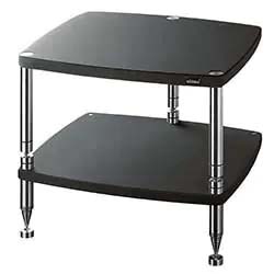 Two-tiered black audio stand with sleek silver legs, featuring a modern design. Ideal for audio equipment, conveying a contemporary and functional vibe.