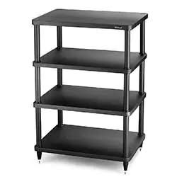 Four-tier black shelving unit with sturdy legs, featuring a minimalist design. Ideal for storage or organization, it conveys a functional and modern tone.