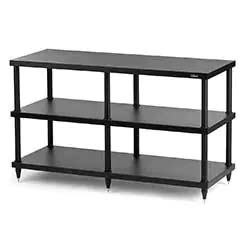 Three-tier black storage shelf with six supporting poles and pyramid-shaped feet. Simple, minimalist design ideal for organizing or displaying items.