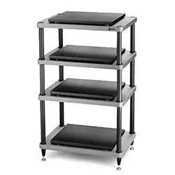 Four-tier metal equipment rack with black shelves and silver frame. The modern design suggests sturdy utility, ideal for organizing electronics or media.