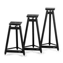 Three black speaker stands of varying heights arranged side by side. Each has a square top and a triangular base, conveying a modern, sleek design.