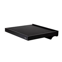 A sleek, black, wall-mounted platform with a minimalist design, featuring a subtle raised edge on three sides, suitable for modern home decor.