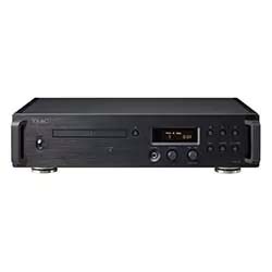 A black CD player with a sleek design, featuring a front-loading disc slot, a digital display, circular control buttons, and small circular feet underneath.
