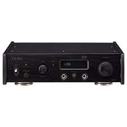 Black audio amplifier with a digital display showing "USB", multiple knobs, and input ports. It has a sleek, modern design and a compact build.