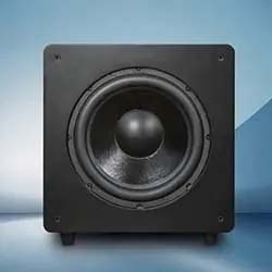 A black subwoofer speaker with a large central cone is shown against a smooth gradient blue background, conveying a sleek, modern feel.