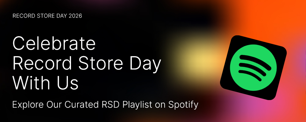 Text promoting Record Store Day 2026 with a bright gradient background and Spotify logo. Encourages exploring a curated playlist on Spotify.