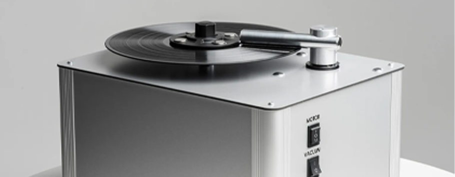 Sleek silver record cleaning machine with a vinyl record on top, set in a minimalist environment. The scene conveys a modern, high-tech vibe.