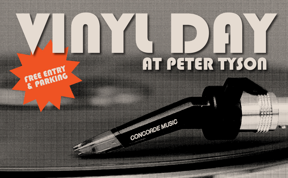 Turntable needle on a vinyl record with bold text "Vinyl Day at Peter Tyson." An orange starburst highlights "Free Entry & Parking," creating a retro vibe.
