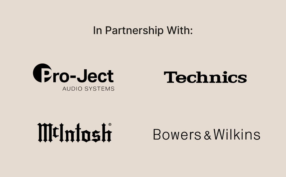 Logos of Pro-Ject, Technics, McIntosh, and Bowers & Wilkins, under the text 'In Partnership With,' on a beige background.