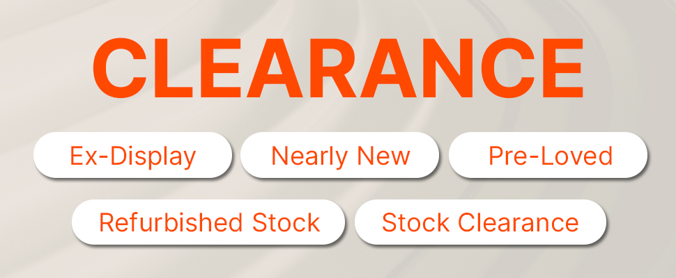 Clearance banner with bold orange text on a beige background. Includes categories: Ex-Display, Nearly New, Pre-Loved, Refurbished Stock, and Stock Clearance.