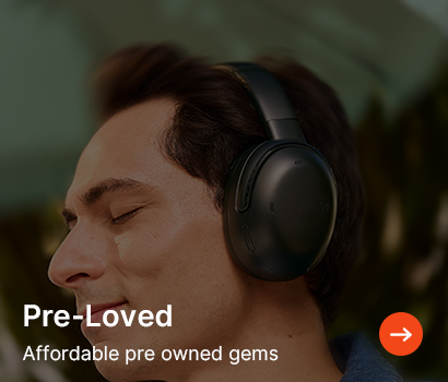 A person with closed eyes enjoys music on headphones, exuding relaxation. Text reads, "Pre-Loved: Affordable pre-owned gems" with an arrow icon.