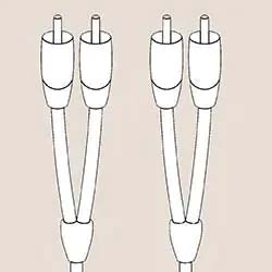 Illustration of two pairs of white RCA cables with connectors on a light beige background. The cables are symmetrical and neatly aligned.