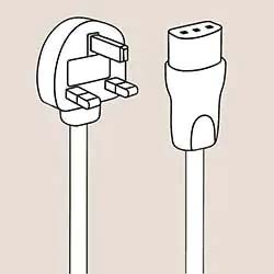 Line drawing of a UK three-pin plug on the left and a C13 power connector on the right. Both are shown upright against a plain background.