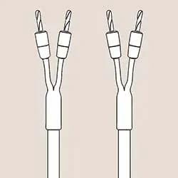 Illustration of two white speaker wires with a Y-shape split and twisted metal tips, set against a light beige background, conveying a technical tone.