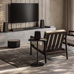 Modern living room with a wall-mounted TV, speakers, dark wood furniture, and neutral tones. Sunlight casts shadows, creating a cozy ambiance.