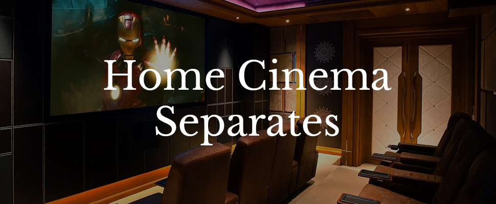 Luxurious home cinema with plush seating and a large screen showing a superhero. Warm lighting creates an inviting, immersive atmosphere. Text reads, "Home Cinema Separates."