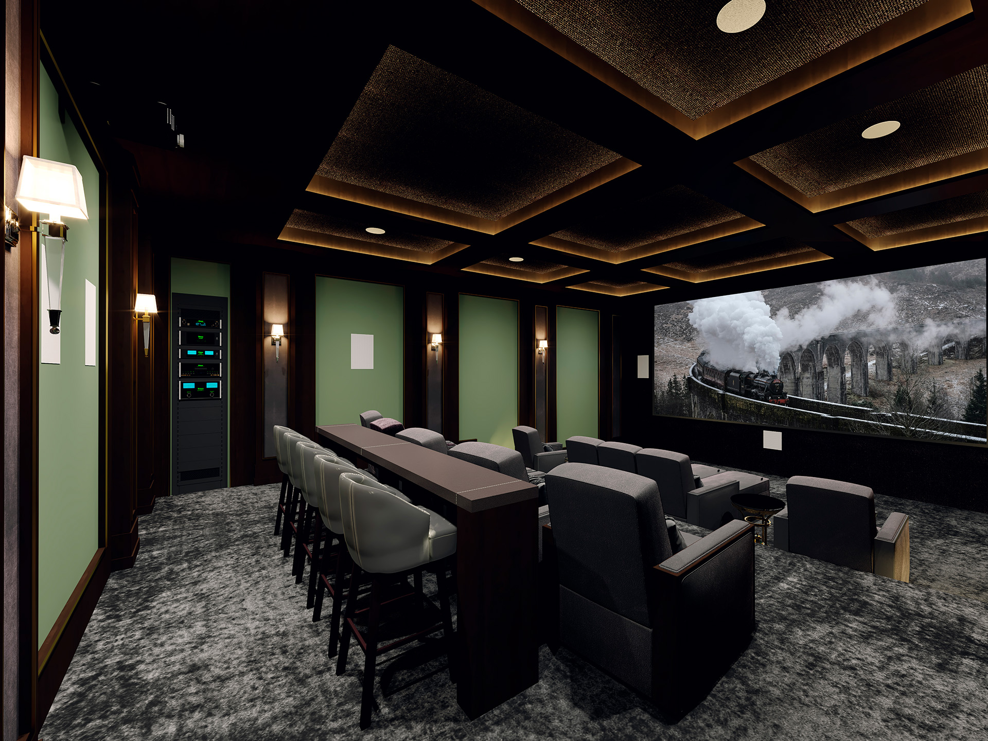 Luxurious home theater with plush gray seating, a large screen showing a train scene, green paneled walls, and dimmed ceiling lights creating a cozy ambiance.