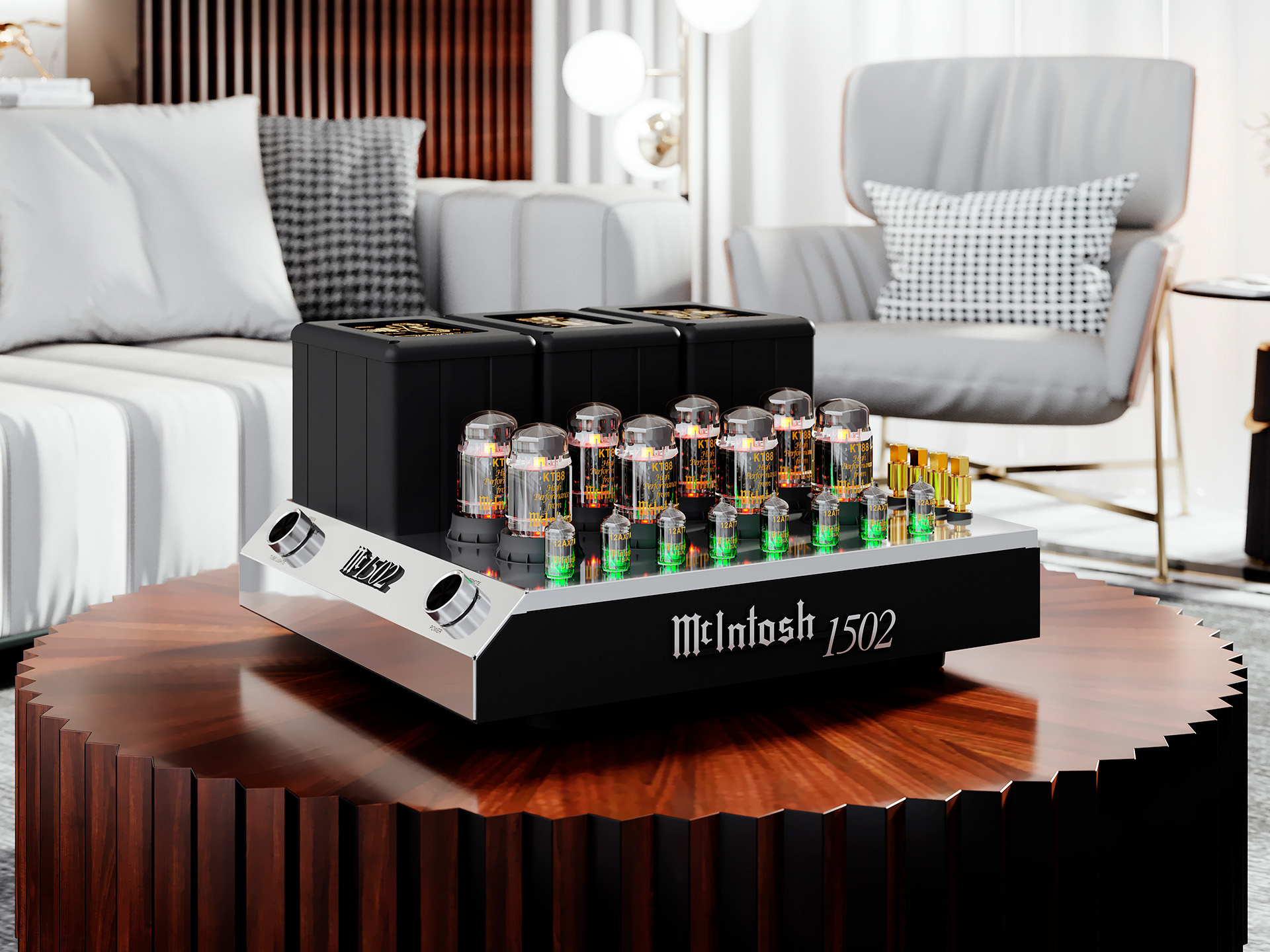 A McIntosh 1502 amplifier on a polished wooden table in a modern living room. The elegant setup features plush seating and soft lighting, creating a sophisticated ambiance.