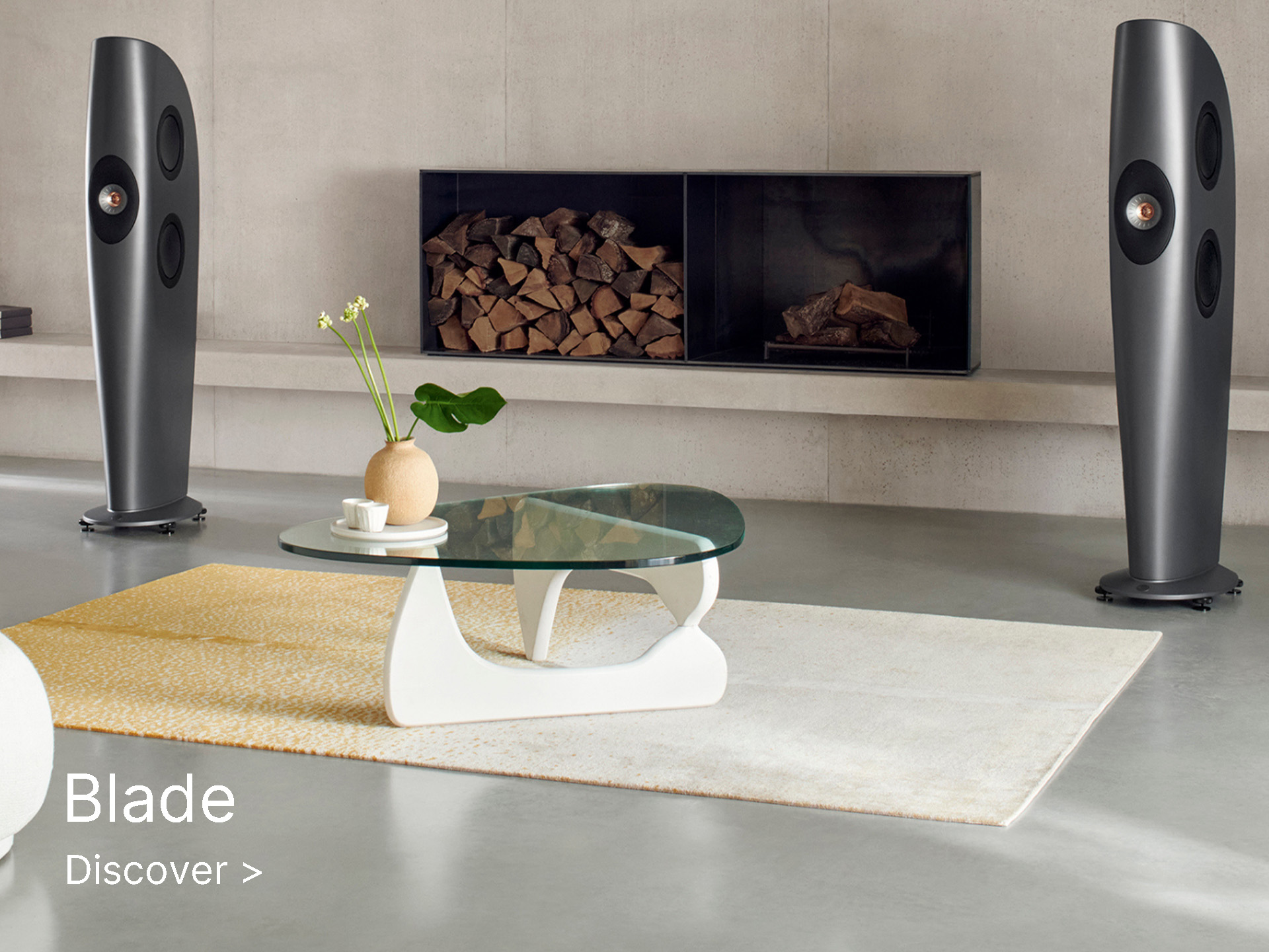 Modern living room with two sleek black speakers framing a minimalist fireplace holding stacked logs. A stylish glass coffee table rests on a light rug, and a beige vase with a green plant adds a touch of nature. The ambiance is contemporary and elegant.