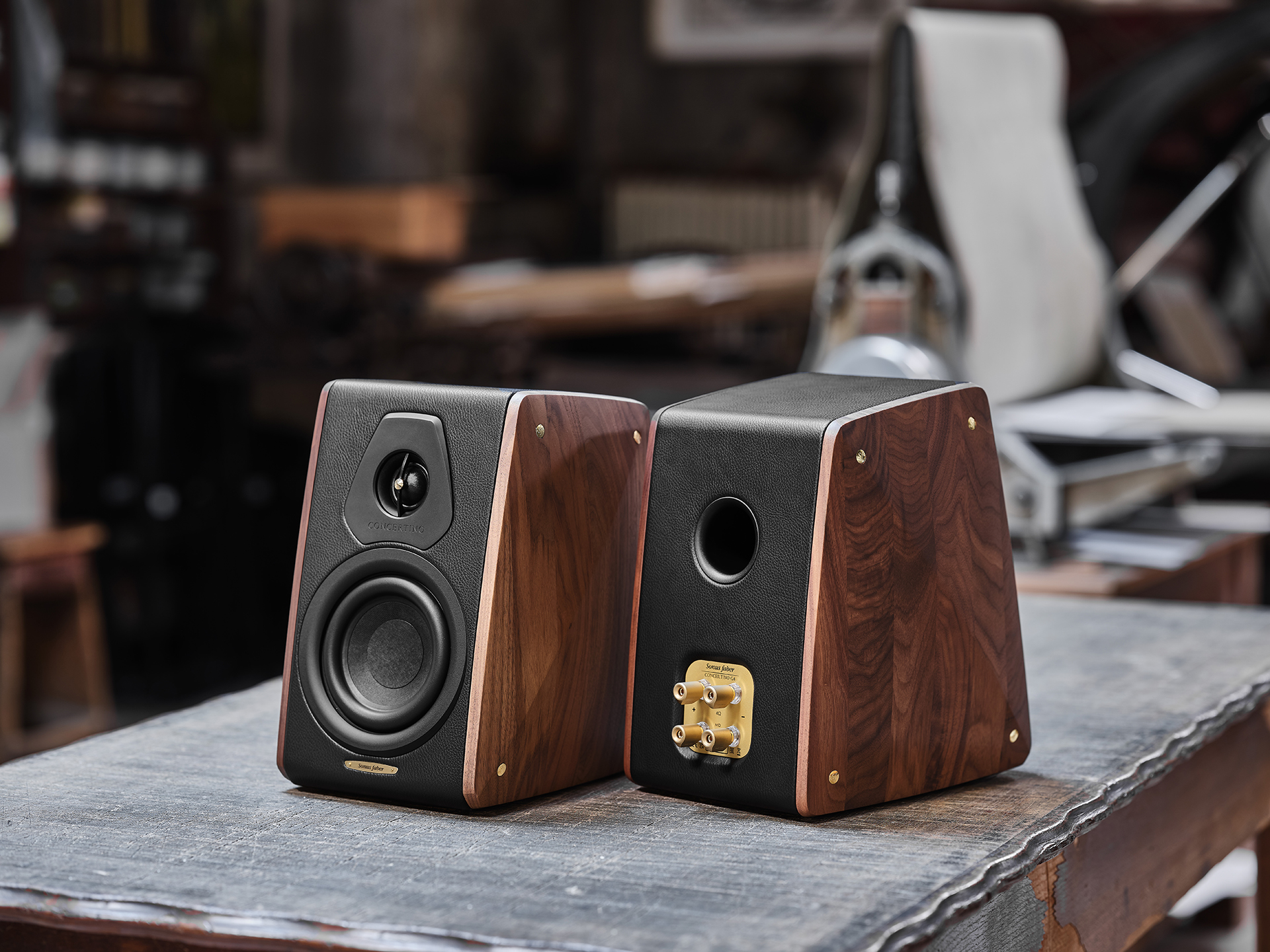 Wooden and black bookshelf speakers on a vintage table in a rustic room. One is front-facing, highlighting the speaker, the other shows connection ports.