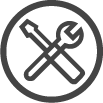 A dark gray icon of a screwdriver and wrench crossed inside a circle, symbolizing tools or settings. The simple, minimalist design conveys utility and functionality.