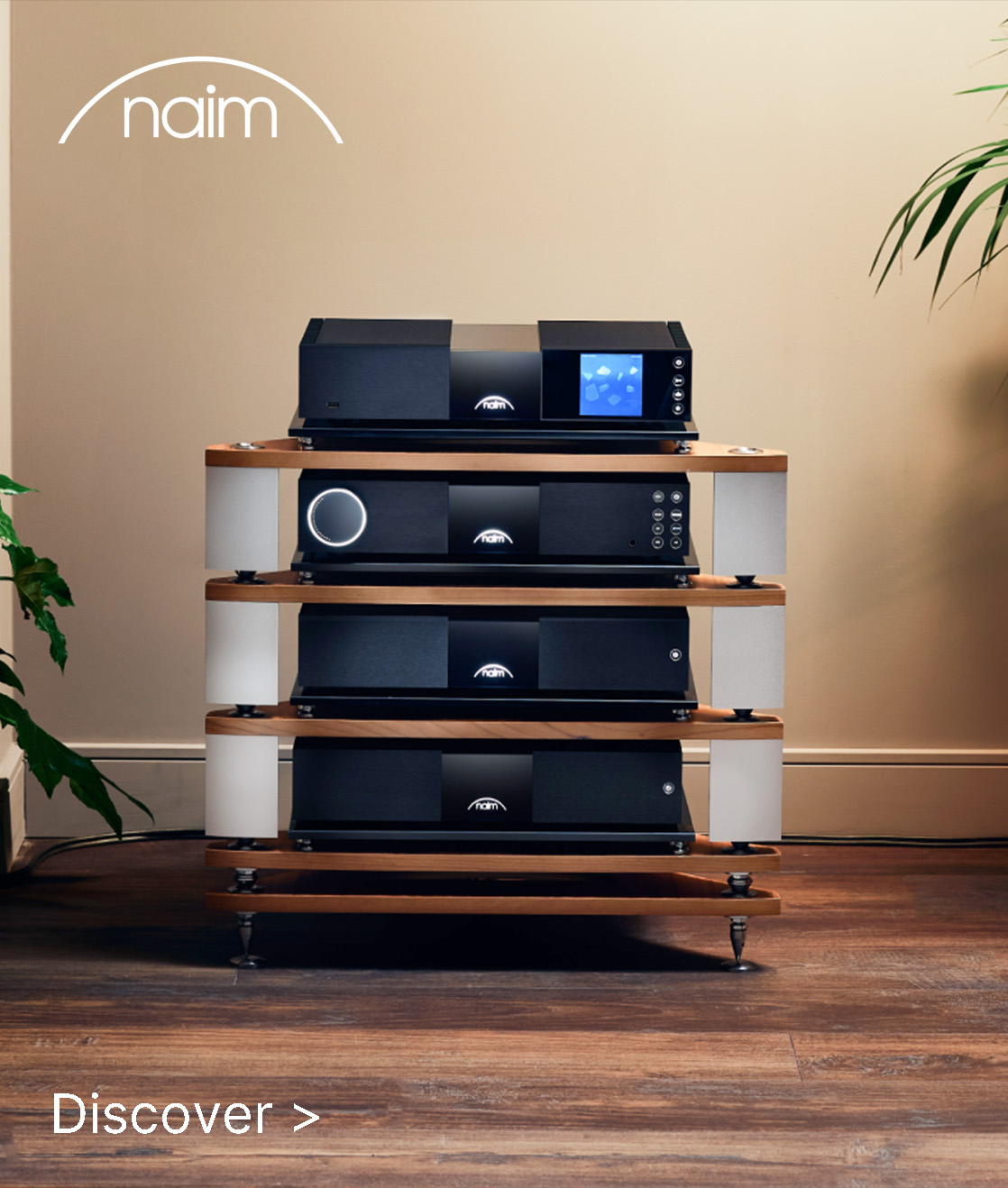 Audio equipment stack on wooden shelves against a beige wall. Includes black components with screens and dials, surrounded by green plants. Calm, sophisticated tone.
