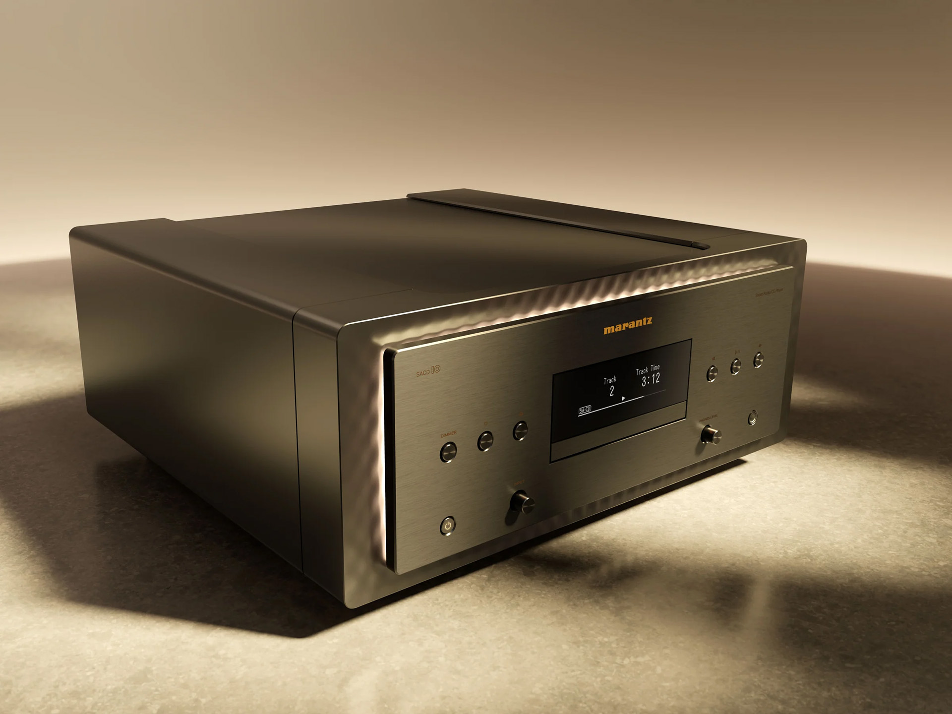 A sleek, modern audio player with a metallic finish sits on a textured surface. It features a digital display, buttons, and a soft, warm lighting, conveying elegance.