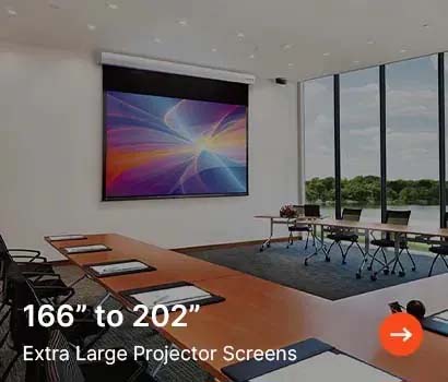 Modern conference room with a large colorful projector screen displaying abstract visuals. Sunlit windows overlook greenery. Text reads "166” to 202” Extra Large Projector Screens."