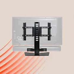 A black TV wall mount bracket against a light beige background, positioned in front of a translucent screen. Red diagonal lines in the lower left.