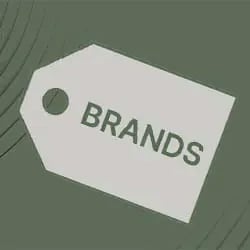 A white price tag against a green background features the word "BRANDS" in bold, suggesting themes of commercialism and consumerism.