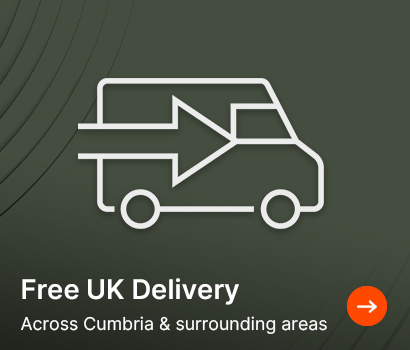 White delivery truck icon with an arrow on a dark green background. Text reads "Free UK Delivery Across Cumbria & surrounding areas" with an orange arrow button.