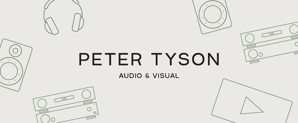 Minimalist design featuring 'Peter Tyson Audio & Visual' text. Outlined images of headphones, speakers, and AV equipment on a light background.