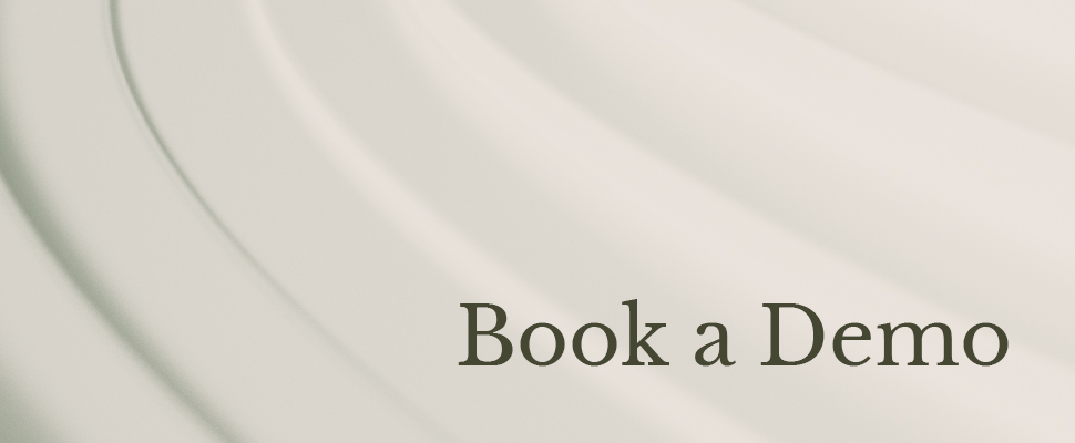 Smooth, curved light-grey background with subtle shadows. The text "Book a Demo" is prominently displayed in elegant black font, conveying professionalism.