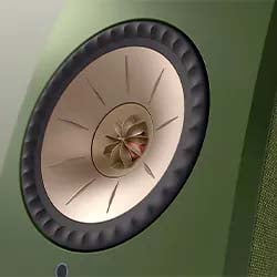 Close-up of a modern speaker with a gold cone and green casing. The design is sleek and stylish, reflecting a sense of high-quality audio technology.