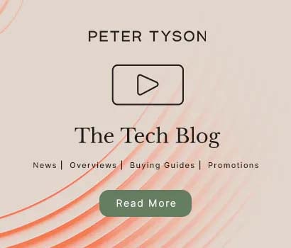 Minimalist tech blog advertisement on a beige background with curved lines. Features a play button icon and a 'Read More' button in green.
