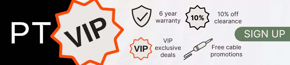 Banner advertising PT VIP program features a starburst with "VIP," a shield with "6 year warranty," discounts, and a "SIGN UP" button on gray.