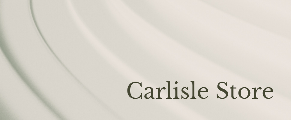 Smooth, curved white surface with gentle ridges. "Carlisle Store" is written in elegant black font on the right, conveying a calm, sophisticated tone.