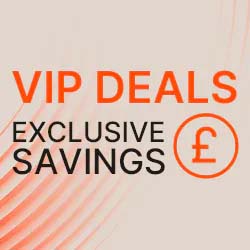 Alt text: "Text 'VIP Deals Exclusive Savings' in bold orange and black on a beige background with subtle red curved lines and a pound symbol."