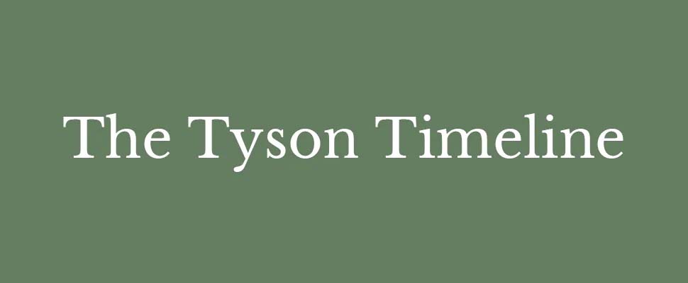 Text reading "The Tyson Timeline" in white serif font centered on a muted green background. Simple, calm, and formal design.