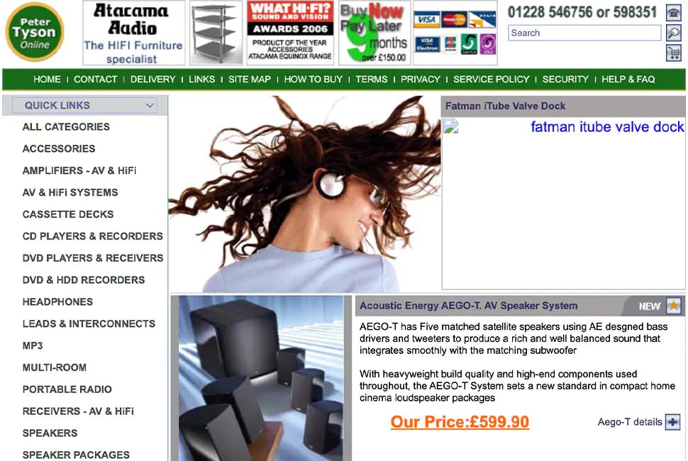 Website interface of an online HiFi store featuring categories like accessories and amplifiers. Central image of woman enjoying music on headphones.