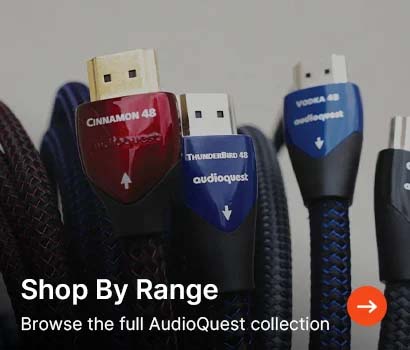 A collection of braided AudioQuest HDMI cables including Cinnamon 48, Thunderbird 48, and Vodka 48 models with an orange arrow button.