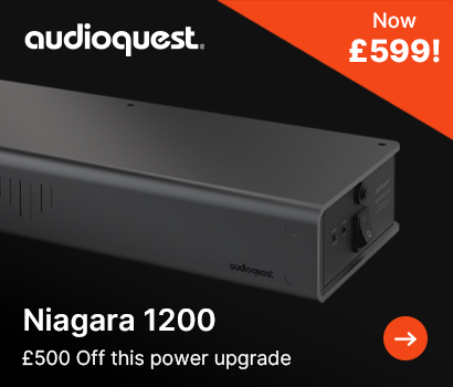 An AudioQuest Niagara 1200 power conditioner on a dark background with an orange promotional banner showing a sale price of 599 pounds.