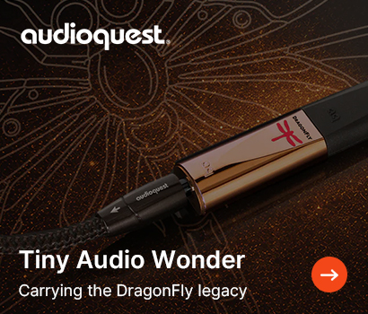 An AudioQuest DragonFly USB DAC with a red dragonfly logo connected to a black cable against a metallic bronze patterned background with an orange arrow button.