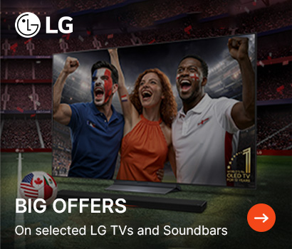 LG promotional banner advertising special discounts with the headline "BIG OFFERS On selected LG TVs and Soundbars". The banner features a large LG television positioned on a green football pitch inside a packed stadium. The TV screen displays three excited football fans cheering, with a golden "World's No.1 OLED TV for 11 Years" badge in the corner. A black LG soundbar and a football decorated with international flags sit on the grass in front of the display, with the LG logo at the top left and an orange arrow button at the bottom right.