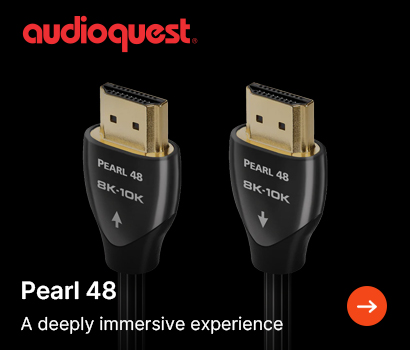 AudioQuest promotional banner for the Pearl 48 HDMI cable featuring the headline "Pearl 48" and subtext "A deeply immersive experience". The banner features two high-end black HDMI connectors with gold-plated tips side-by-side against a solid black background. Both connector housings display the white text "PEARL 48" and "8K-10K", with one connector showing an up arrow and the other showing a down arrow. The prominent red AudioQuest logo is positioned at the top-left corner, and a bright orange circular action button with a white right-pointing arrow sits in the bottom-right corner.