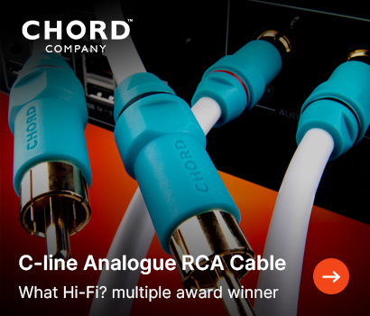 Chord Company promotional banner for the C-line Analogue RCA Cable featuring the headline "C-line Analogue RCA Cable" and subtext "What Hi-Fi? multiple award winner". The banner shows an extreme close-up of premium white audio interconnect cables with bright turquoise or light blue rubber strain relief boots embossed with the "CHORD" logo. The cables feature gold-plated RCA phono plugs, with some connected to the rear panel of an audio component in the background. The white Chord Company logo sits in the top-left corner, and a bright orange circular action button with a white right-pointing arrow is at the bottom right.