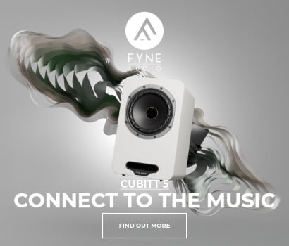 Fyne Audio promotional banner for the Cubitt 5 loudspeaker. The banner showcases a white, modern bookshelf speaker angled slightly forward against a light grey backdrop. Dynamic, flowing abstract smoke-like patterns in grey and dark green wrap horizontally around the speaker. The top features the circular Fyne Audio logo, while the lower section includes the product name "CUBITT 5" above the bold white slogan "CONNECT TO THE MUSIC" and a rectangular "FIND OUT MORE" action button.